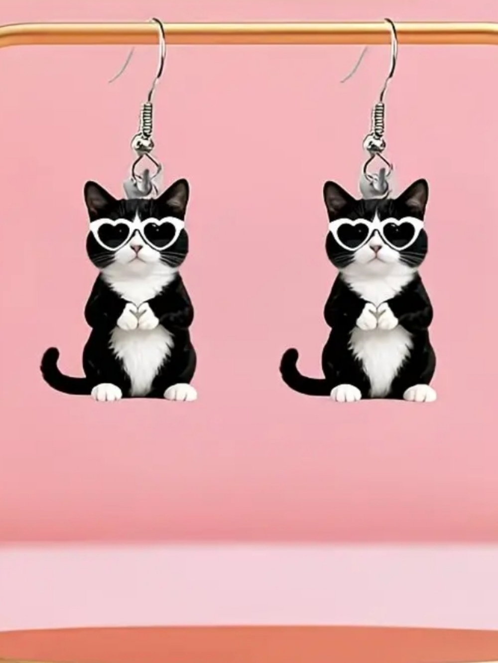 Hand Crafted Black & White Cat Earrings with Heart Sunglasses - Pets Cat